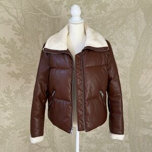 Levi's Faux Leather Puffer Jacket in Rich Brown Color with Sherpa Lined Collar